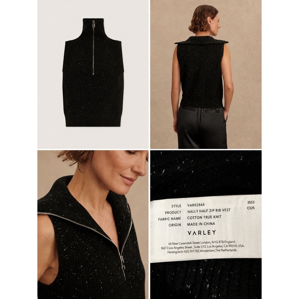 Varley Hally Half Zip Rib Vest Womens XS Black Excellent Speckled Cotton Knit - Picture 7 of 9